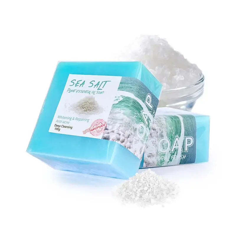 Natural sea salt soap bar with exfoliating properties and a jar of sea salt for deep cleansing.