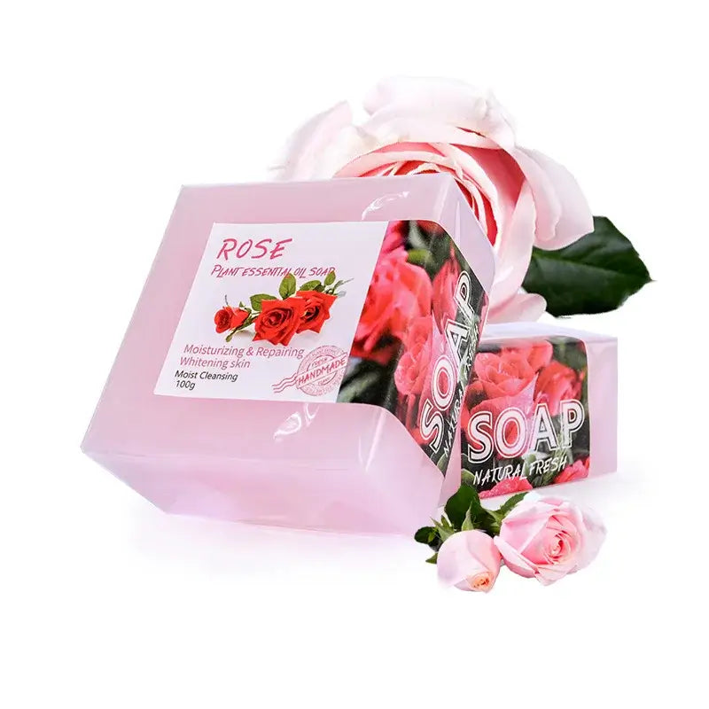 Rose essential oil soap bar for moisturizing and repairing skin, enhanced with floral elements and natural freshness.