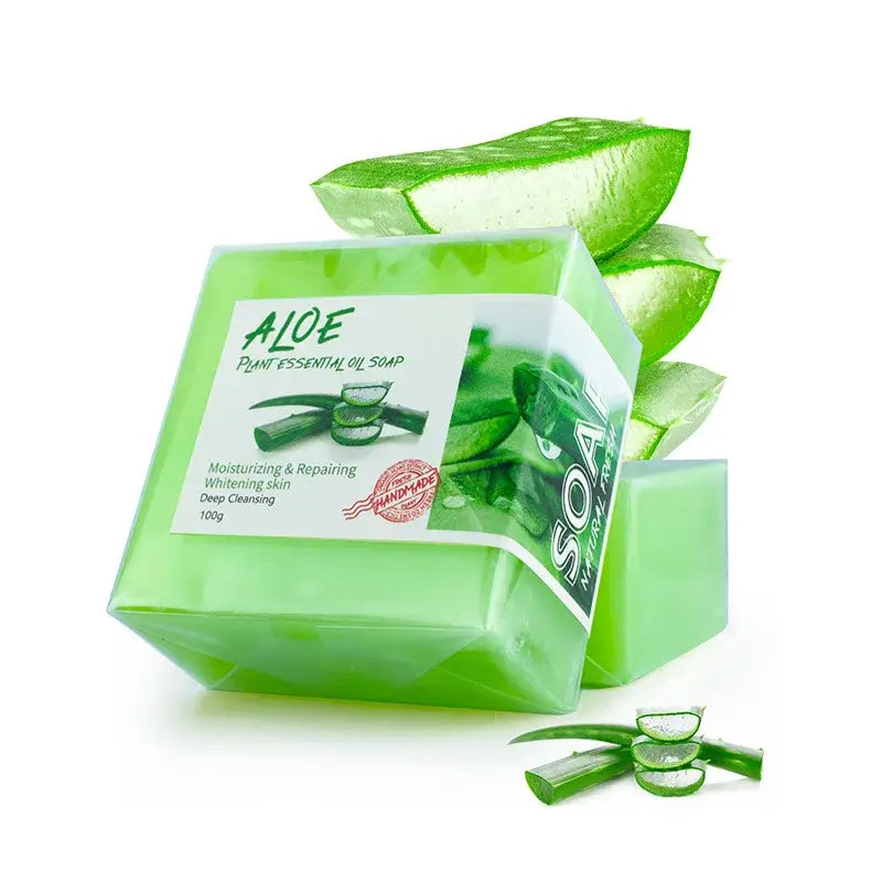 Aloe Vera soap bar with fresh aloe leaves, designed for moisturizing, repairing, and deep cleansing skin.