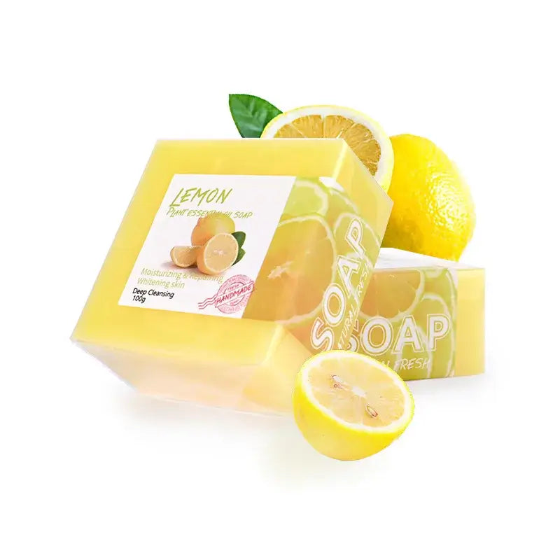 Lemon purifying soap bar with refreshing lemon slices, a moisturizing cleanser for deep skin cleansing.