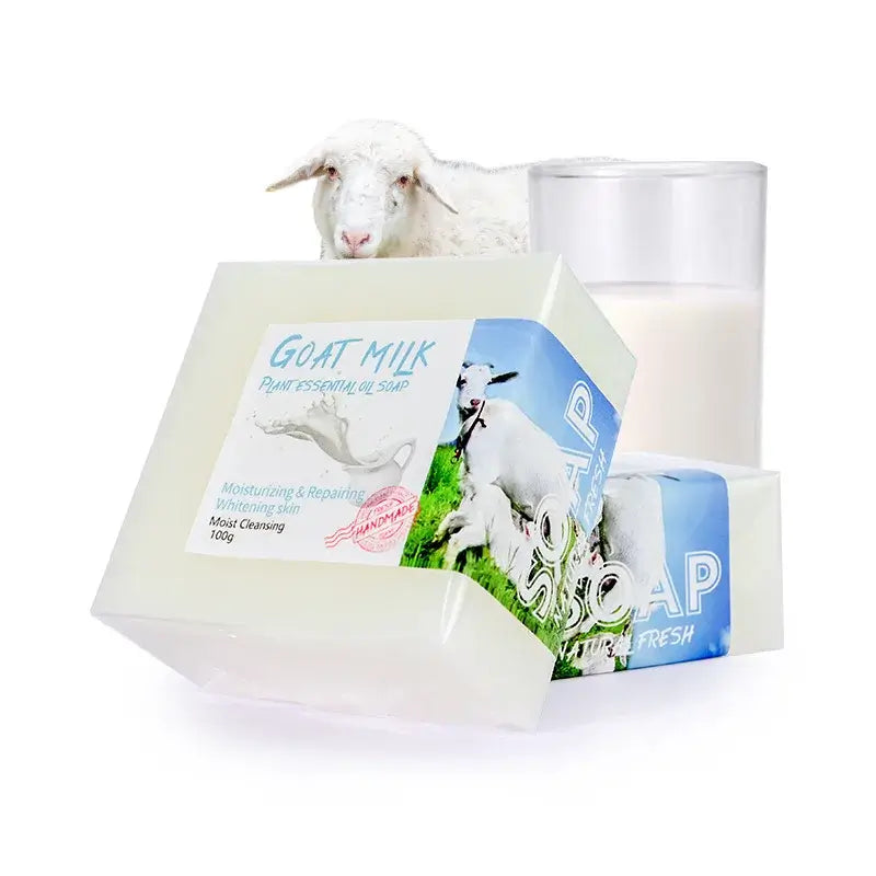 Natural sea salt soap bar with goat milk, moisturizing cleanser for all skin types, alongside a glass of fresh milk.