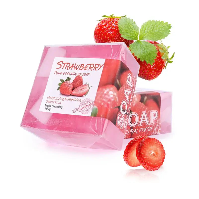 Strawberry soap bar with moisturizing properties, fresh strawberries, and plant essential oils for gentle cleansing.