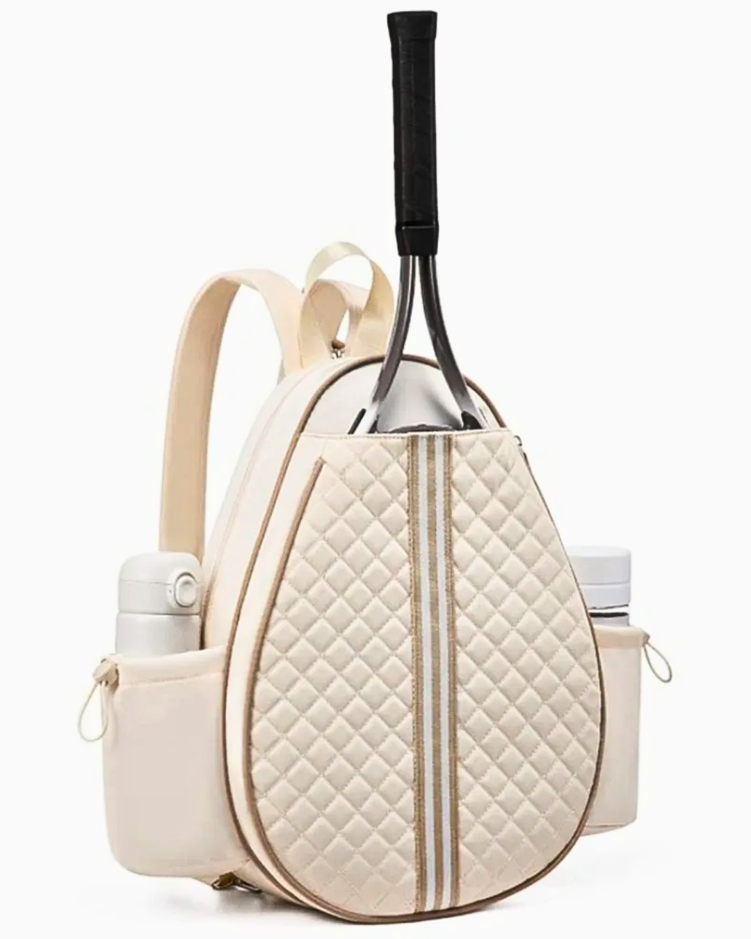 Stylish padel/tennis backpack with quilted racket compartment and side bottle holders.