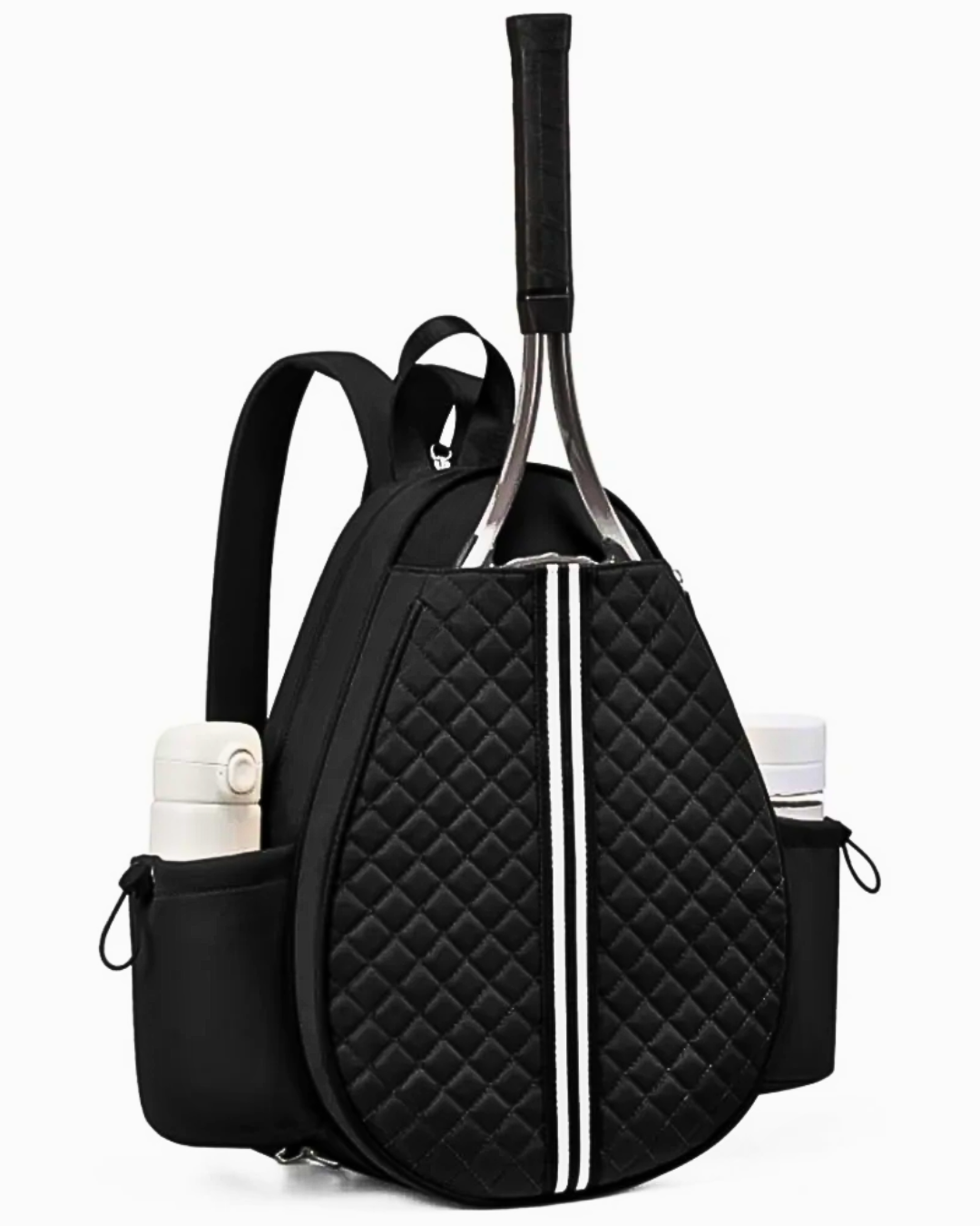 Quilted black padel/tennis backpack with racket compartment and side bottle holders.