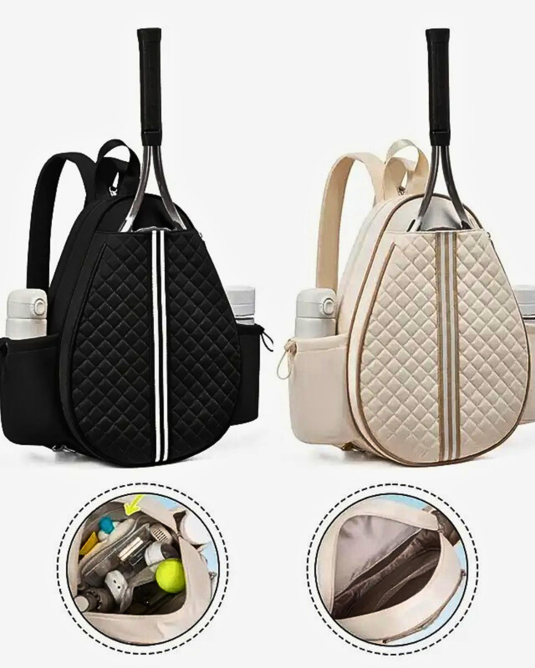 Padel/tennis backpack featuring quilted racket compartment in black and beige, with side bottle holders and interior storage.