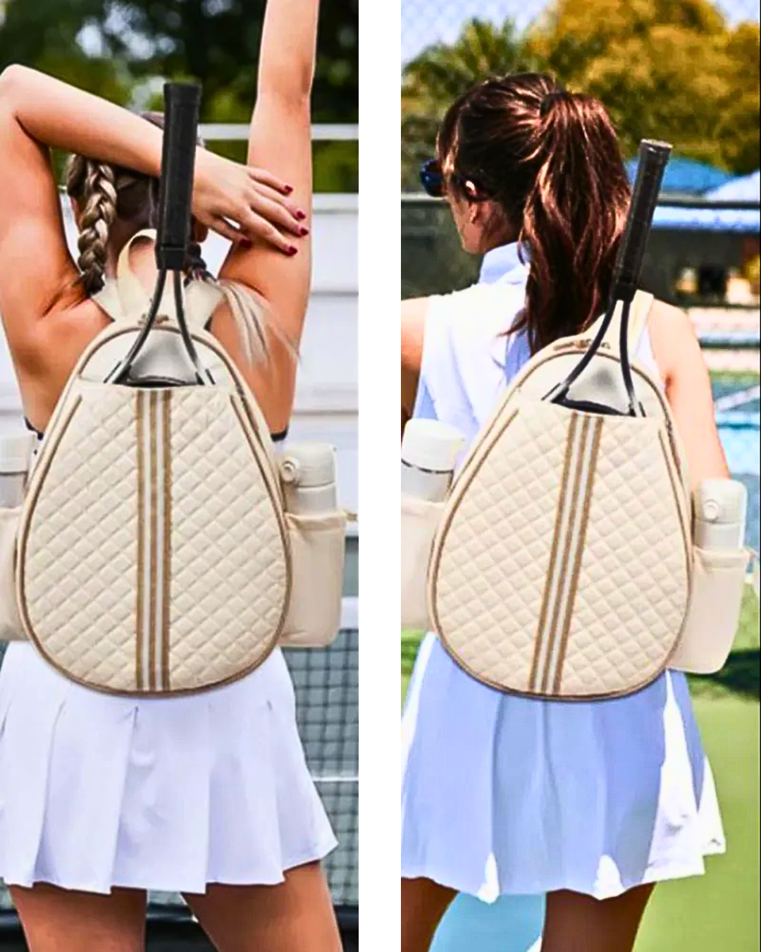 Stylish padel/tennis backpack with quilted racket compartment, worn on a player's back at a tennis court.