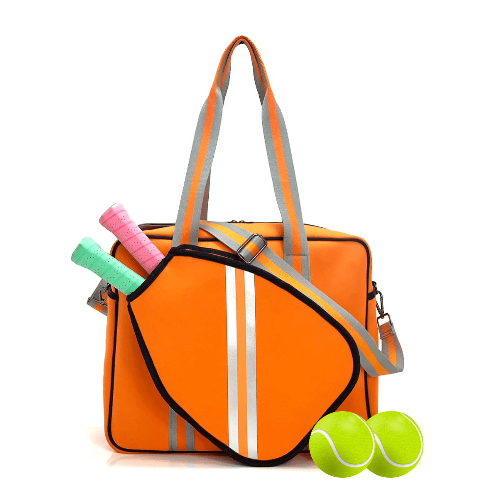 Stylish orange Padel racket bag with external sleeve, tennis balls, and colorful rackets for easy transport and organization.