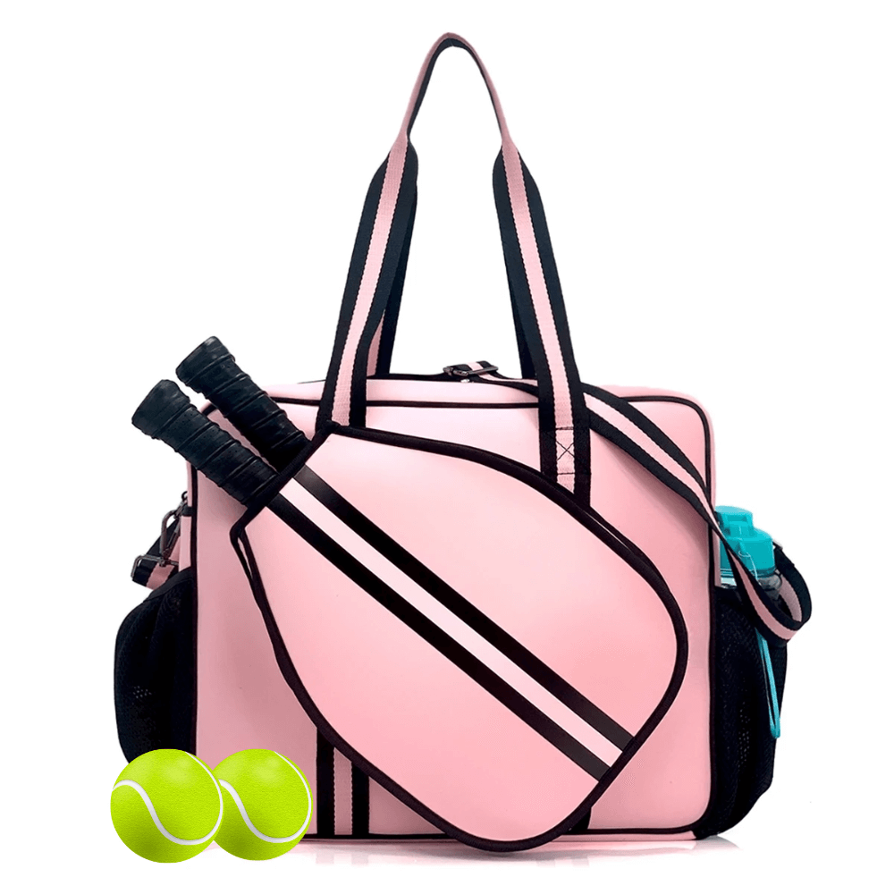 Waterproof pink padel racket bag with external sleeve and tennis balls, designed for convenience and style.