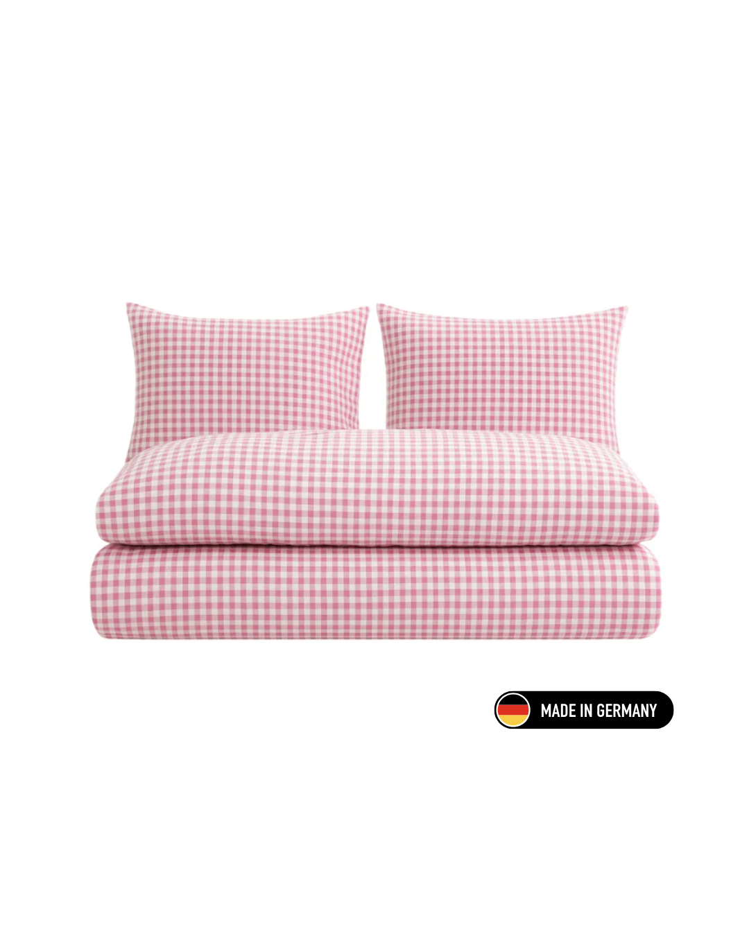 Pink gingham bedding set with cozy duvet and matching pillows, lightweight woven polyester for effortless elegance.