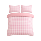 Pink gingham bedding set with matching pillow covers, lightweight woven polyester for a cozy bedroom decor.