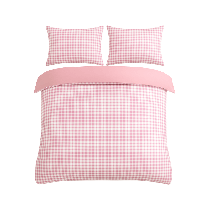 Pink gingham bedding set with matching pillow covers, lightweight woven polyester for a cozy bedroom decor.