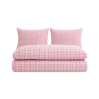 Pink gingham bedding set with cozy duvet and matching pillows, lightweight woven polyester for effortless elegance.