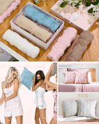 Set of plush cushion covers in various colors, showcased with models and styled in a bedroom setting.