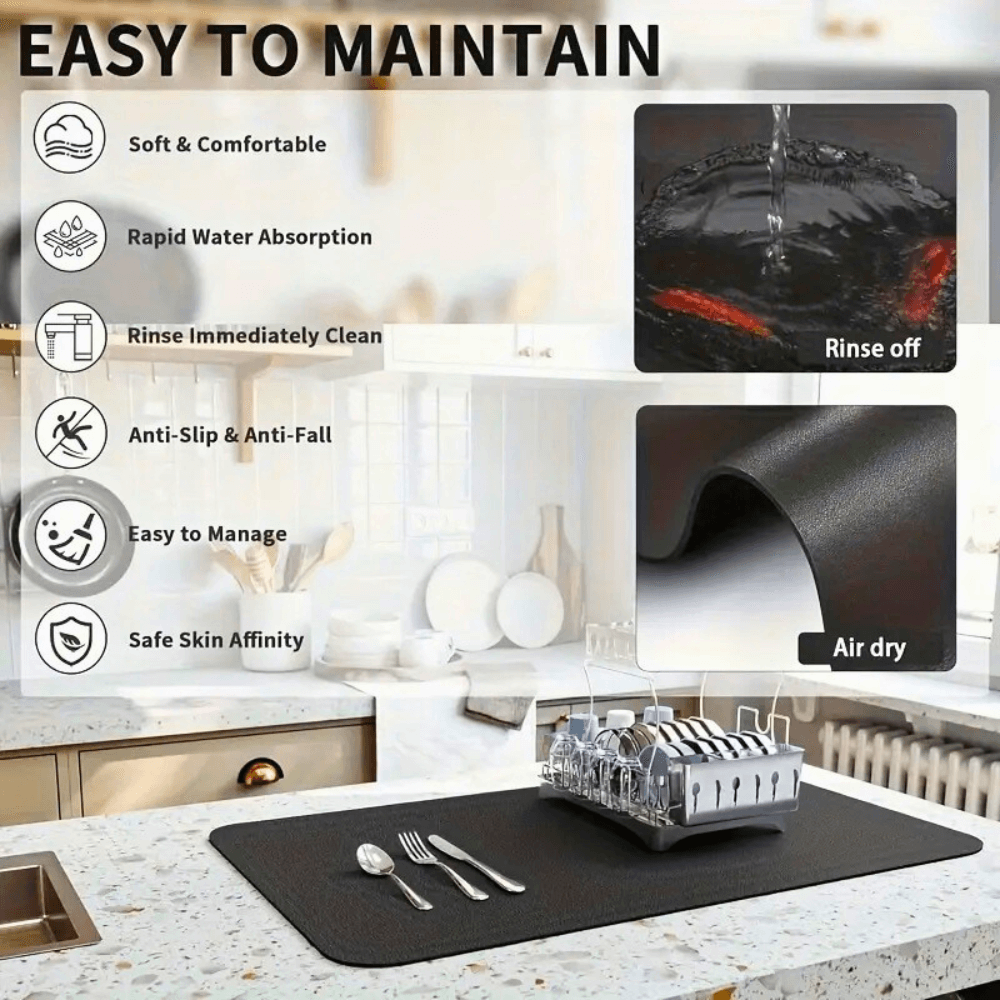 Quick-drying kitchen mat with anti-slip design, showing water absorption features and ease of maintenance on a countertop.