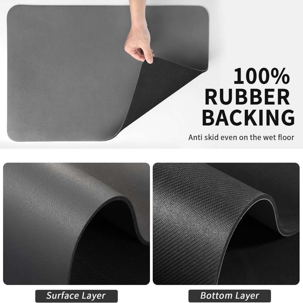 Quick-drying kitchen mat with 100% rubber backing, anti-skid design, and detailed view of surface and bottom layers.