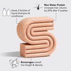 Rice water shampoo bar promoting hair volume increase by 20% after five washes, encouraging hair length and density.