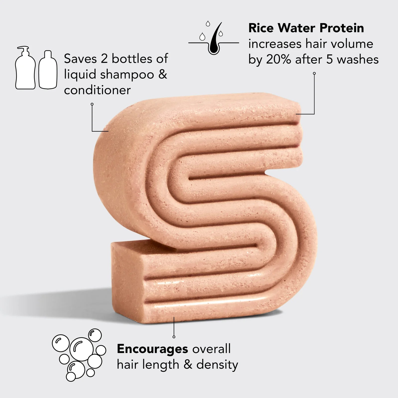 Rice water shampoo bar promoting hair volume increase by 20% after five washes, encouraging hair length and density.