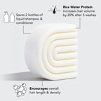 Rice Water Protein bar illustrating benefits for hair volume, length, and density in a compact format.