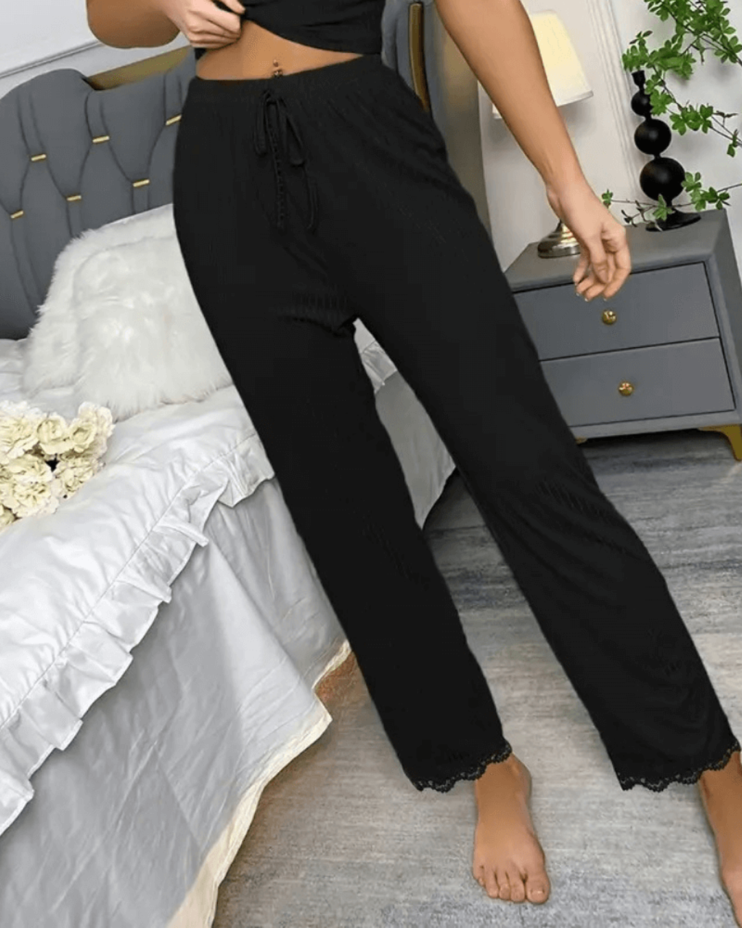 Weiches Pyjama-Set mit Rippenspitze - Atmungsaktiver Stoff, Bequeme Pyjamas