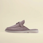 Women’s premium suede loafers in gray, featuring a slip-on backless design and stylish tassel detail.