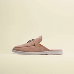 Women’s premium suede loafers in beige with backless design and tassel accent for stylish comfort.
