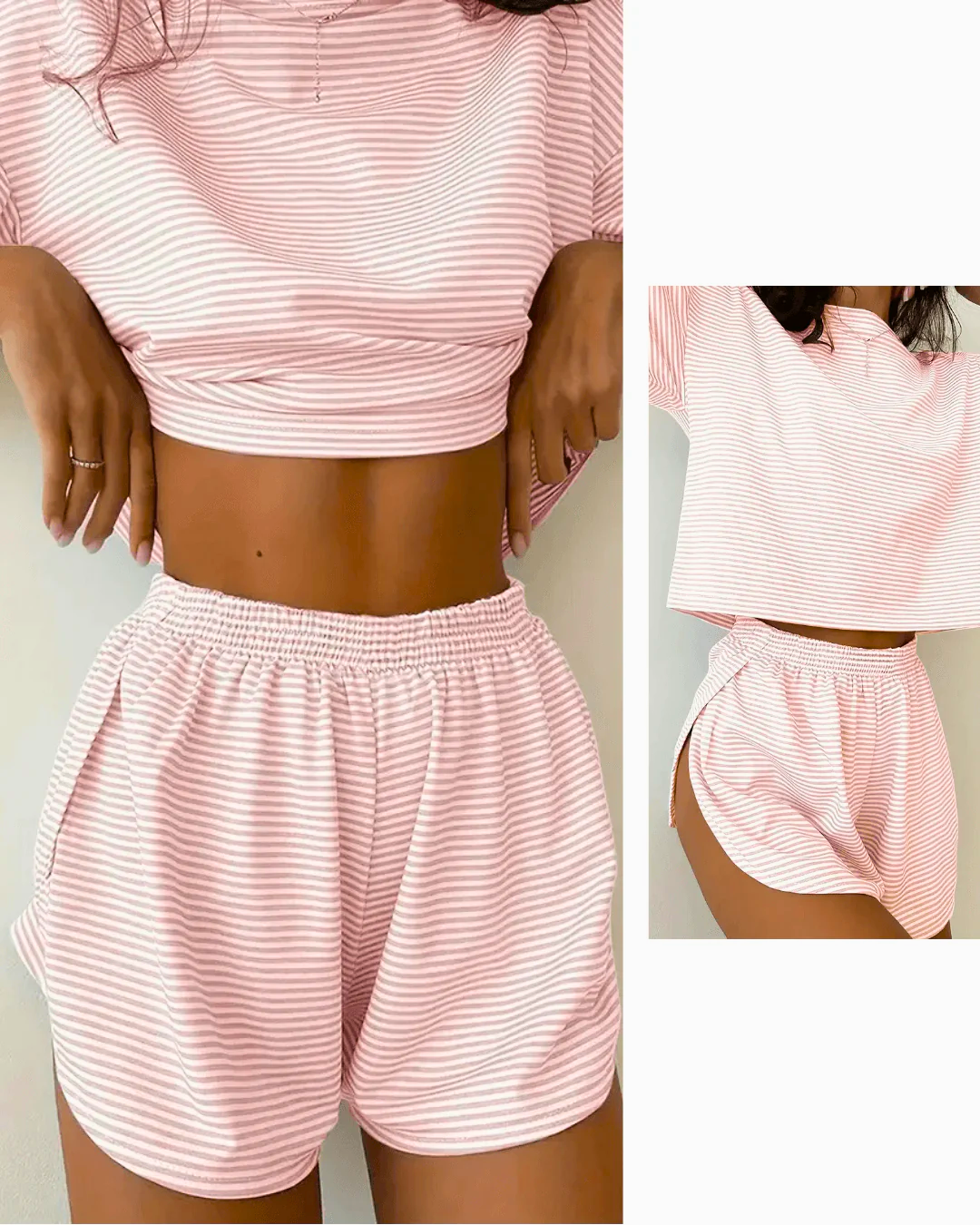 Women's striped pajama set featuring a soft short sleeve top and comfortable shorts in pink, perfect for lounging.