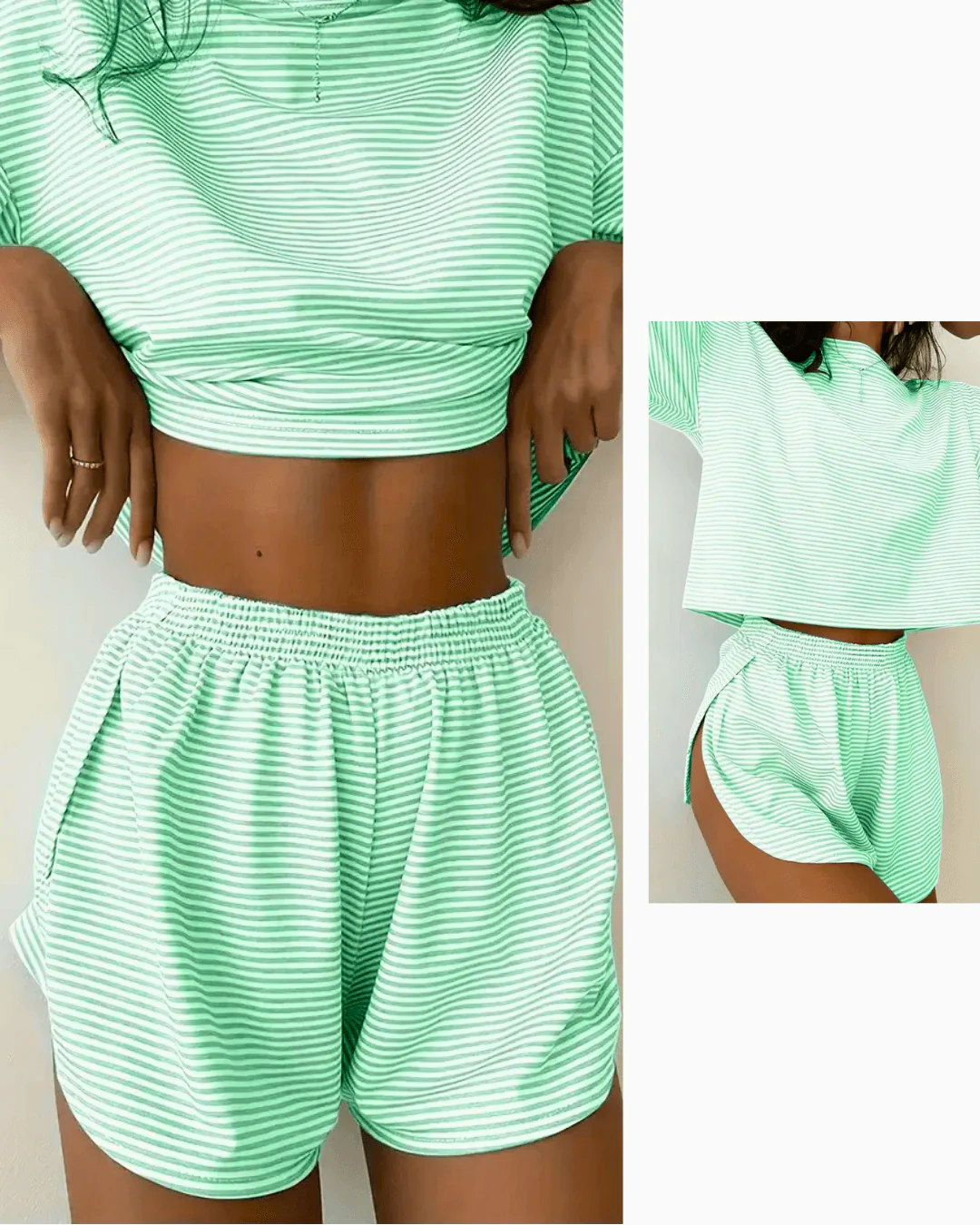 Women's green striped pajama set with soft short sleeves and comfortable shorts, perfect for warm nights.