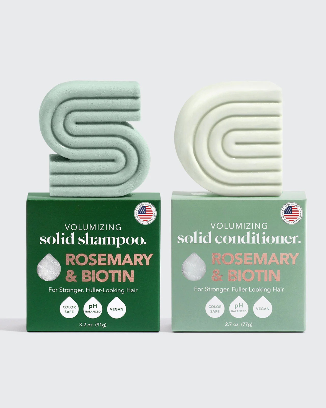 Volumizing rosemary and biotin solid shampoo and conditioner combo for fuller, healthier hair.