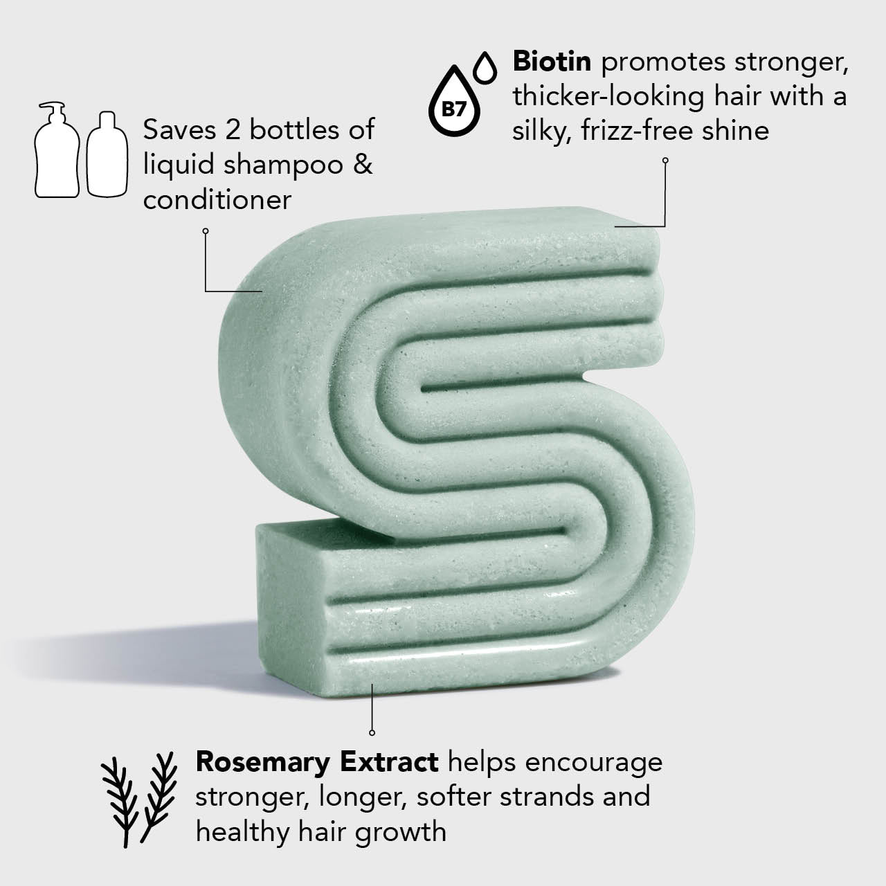 Volumizing shampoo bar illustration with rosemary and biotin benefits for healthier, fuller hair growth.