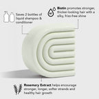 Volumizing shampoo bar showcasing biotin and rosemary benefits for stronger, fuller hair growth and shine.