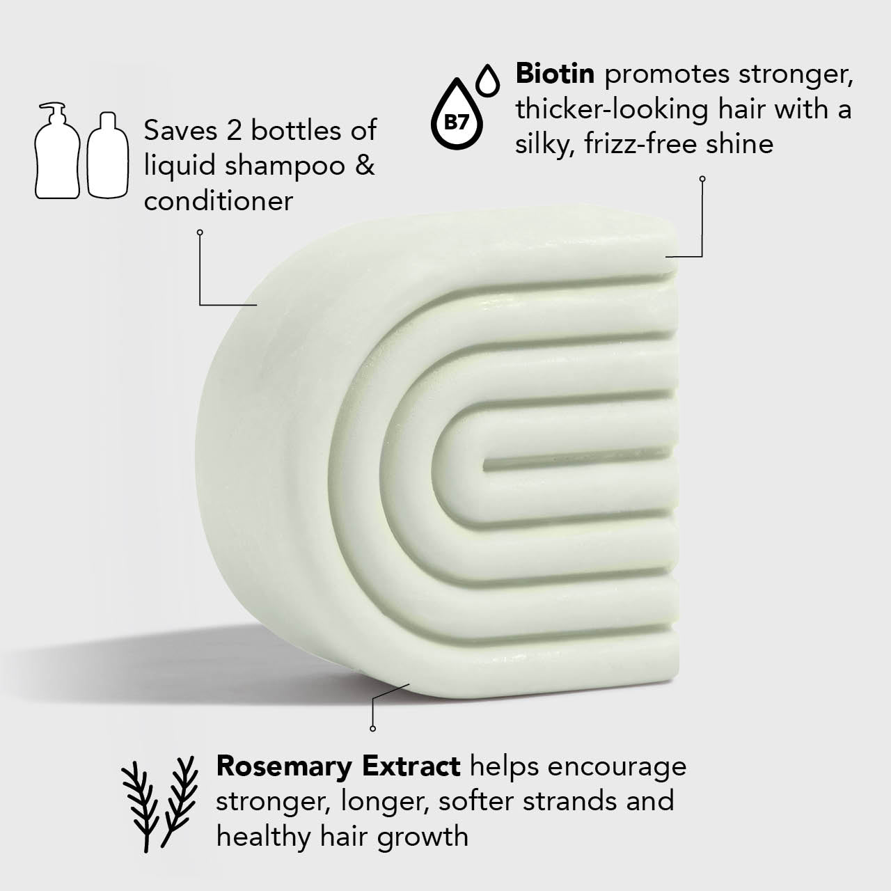 Volumizing shampoo bar showcasing biotin and rosemary benefits for stronger, fuller hair growth and shine.