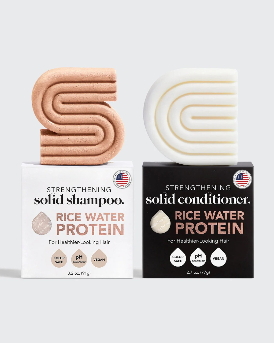 Rice Water Shampoo and Conditioner Set in solid form for healthier hair, featuring pH-balanced and vegan ingredients.