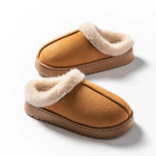 Autumn and winter plush slippers in warm tan with soft lining, ideal for cozy indoor comfort and non-slip sole.