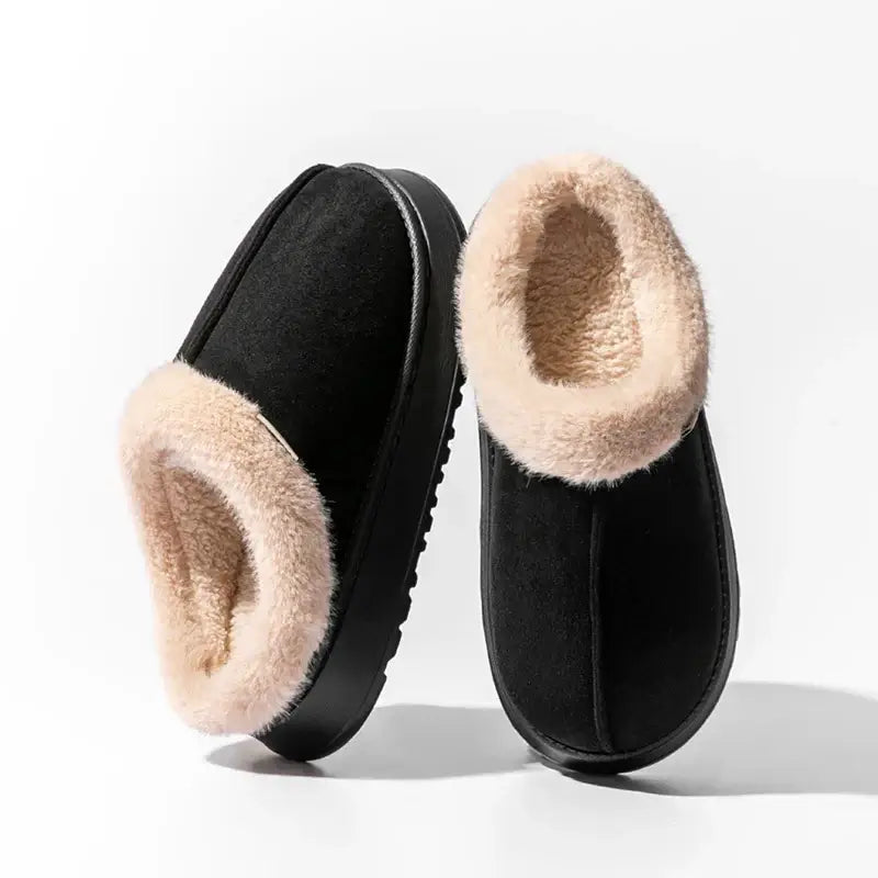 Autumn and winter plush slippers in black with soft thermal lining and non-slip sole for cozy indoor comfort.