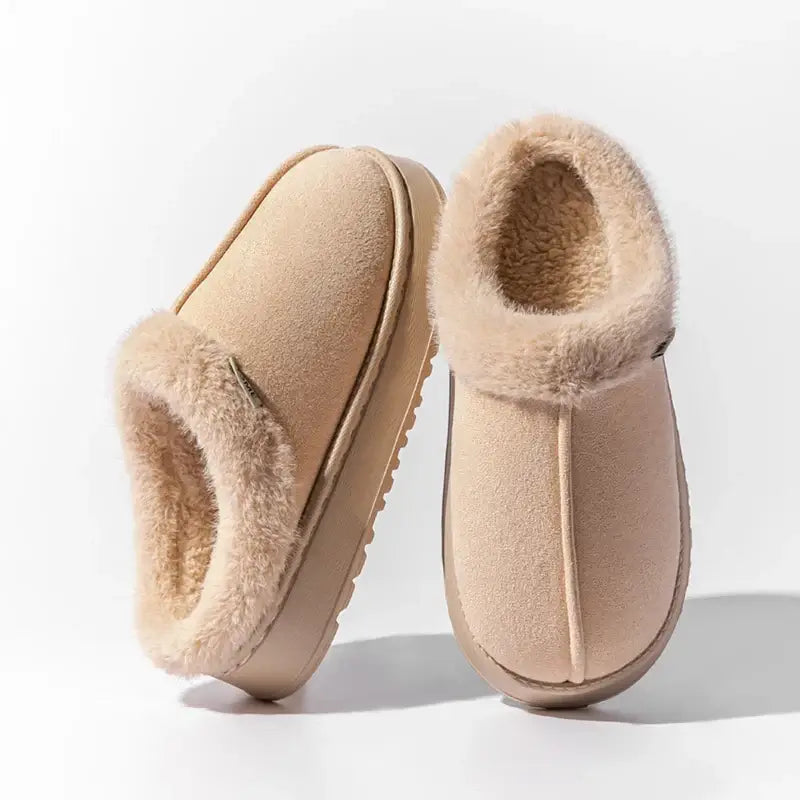 Autumn and winter plush slippers in beige with soft lining and non-slip sole for cozy indoor comfort.