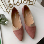 Elegant pointed toe flats in soft pink faux suede, perfect for daily wear, showcasing comfort and style.