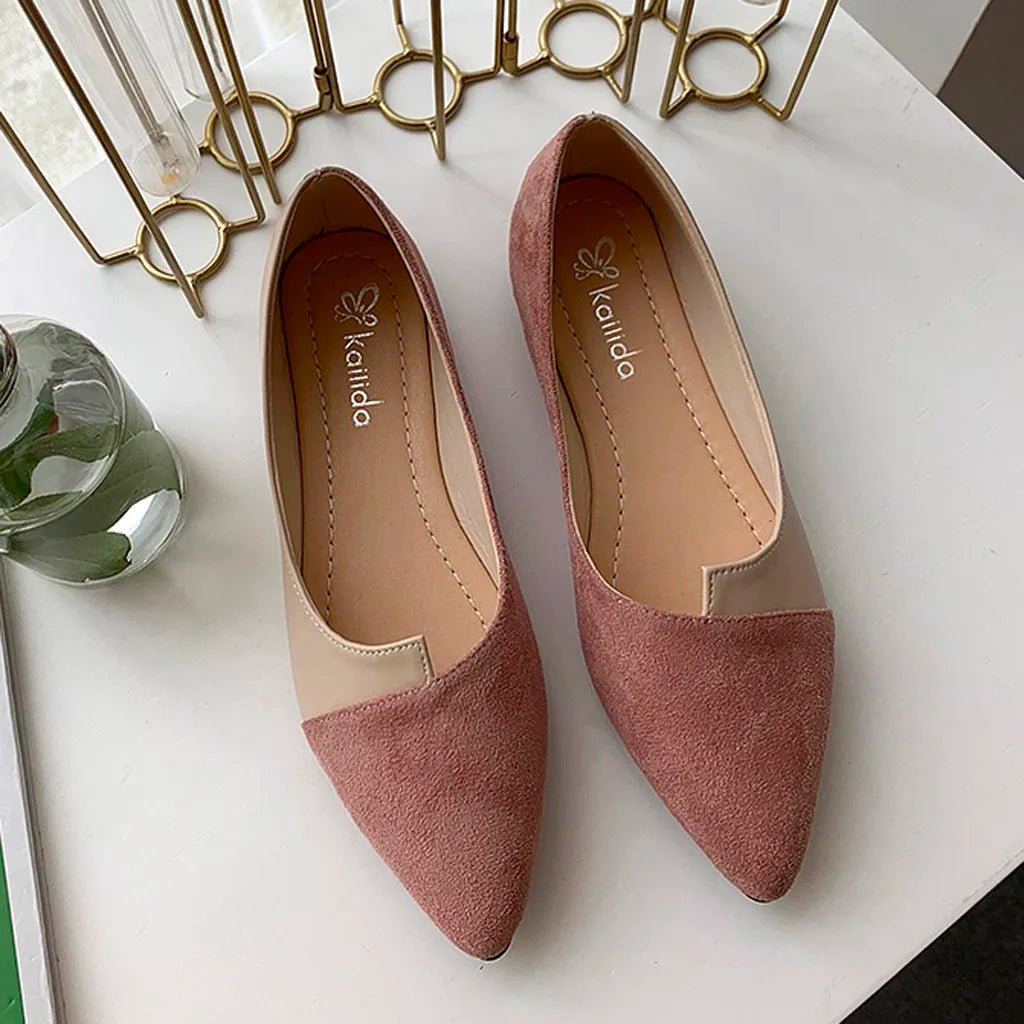 Elegant pointed toe flats in soft pink faux suede, perfect for daily wear, showcasing comfort and style.