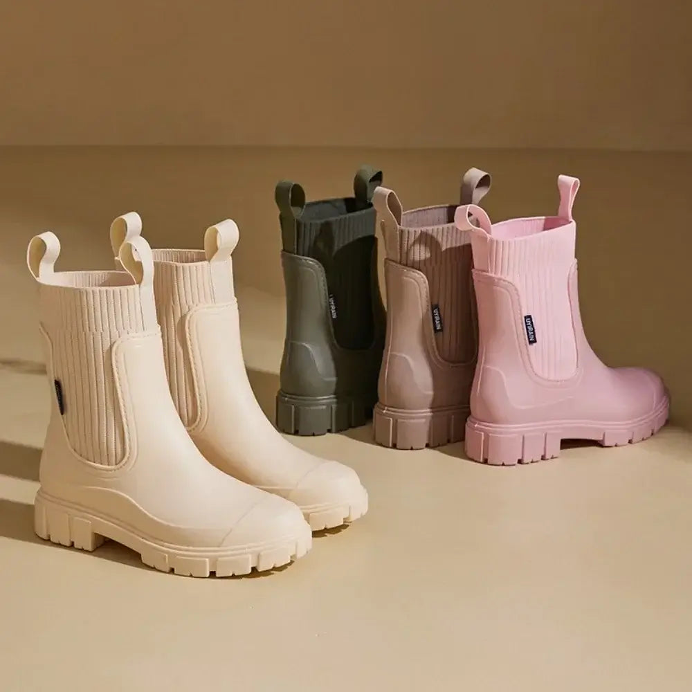 Stylish Chelsea rain boots in pink, beige, and green with ribbed elastic collar and slip-resistant sole.