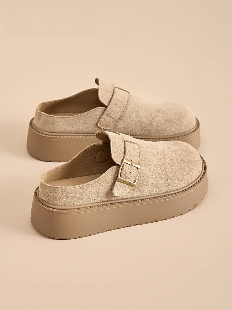 Beige suede women platform clog mules with adjustable buckle and ergonomic comfort sole.