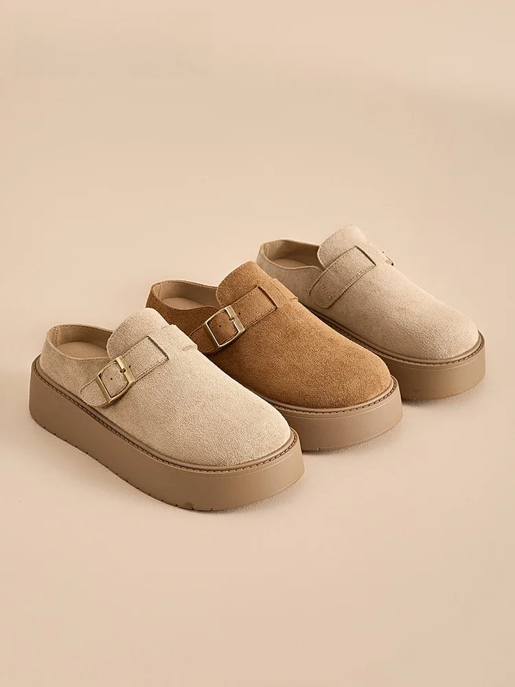 Women platform clog mules in beige and brown suede with adjustable buckles, perfect for comfort and casual style.