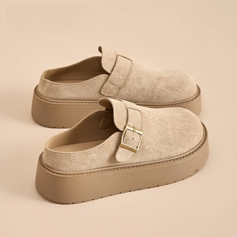 Womens suede platform clog mules with adjustable buckle for casual wear, featuring ergonomic comfort sole.