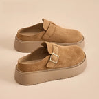 Women’s suede platform clog mules with adjustable buckle for style and comfort, perfect for casual wear.