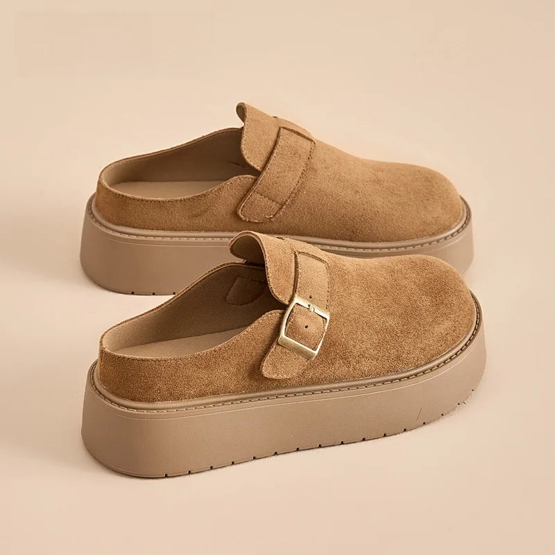 Women’s suede platform clog mules with adjustable buckle for style and comfort, perfect for casual wear.