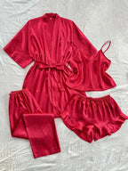 Red women's satin pajama set including kimono, cami, trousers, and shorts for ultimate loungewear comfort.