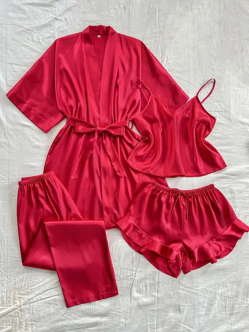 Red women's satin pajama set including kimono, cami, trousers, and shorts for ultimate loungewear comfort.