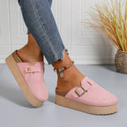Women’s pink suede slingback platform clogs with thick sole, perfect for casual spring and autumn style.