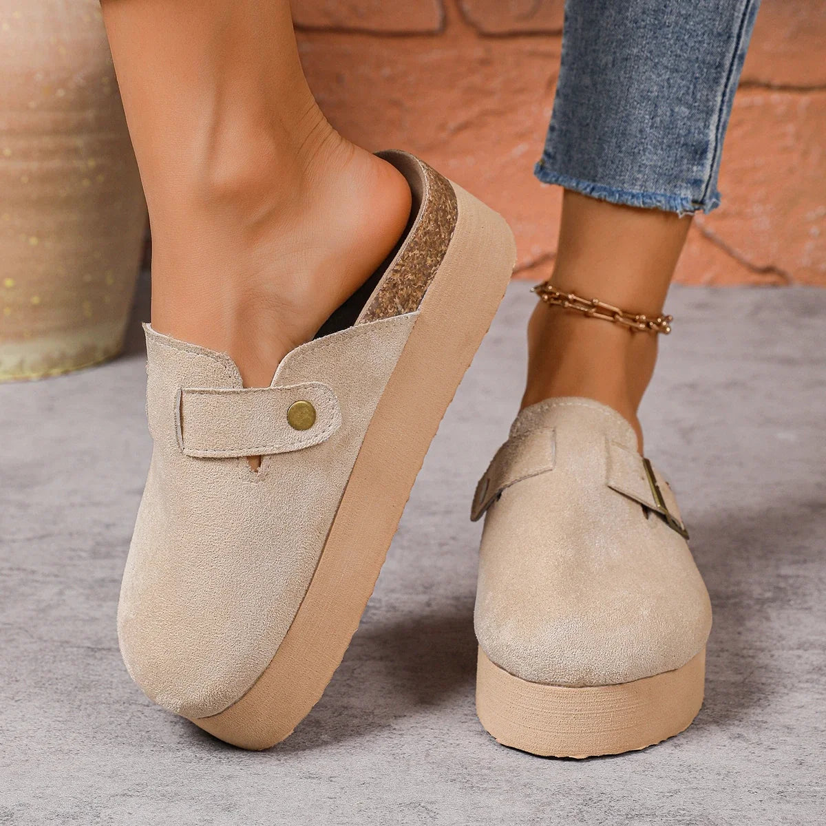 Women suede slingback platform clogs in beige, featuring thick sole and stylish design for casual wear.