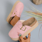 Women suede slingback platform clogs in pink, featuring a thick sole for comfort and retro fashion style.