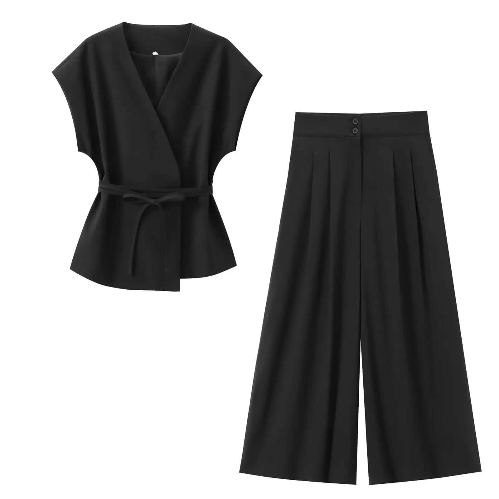 Women's two-piece set featuring a sleeveless belted V-neck top and wide-leg trousers in black.