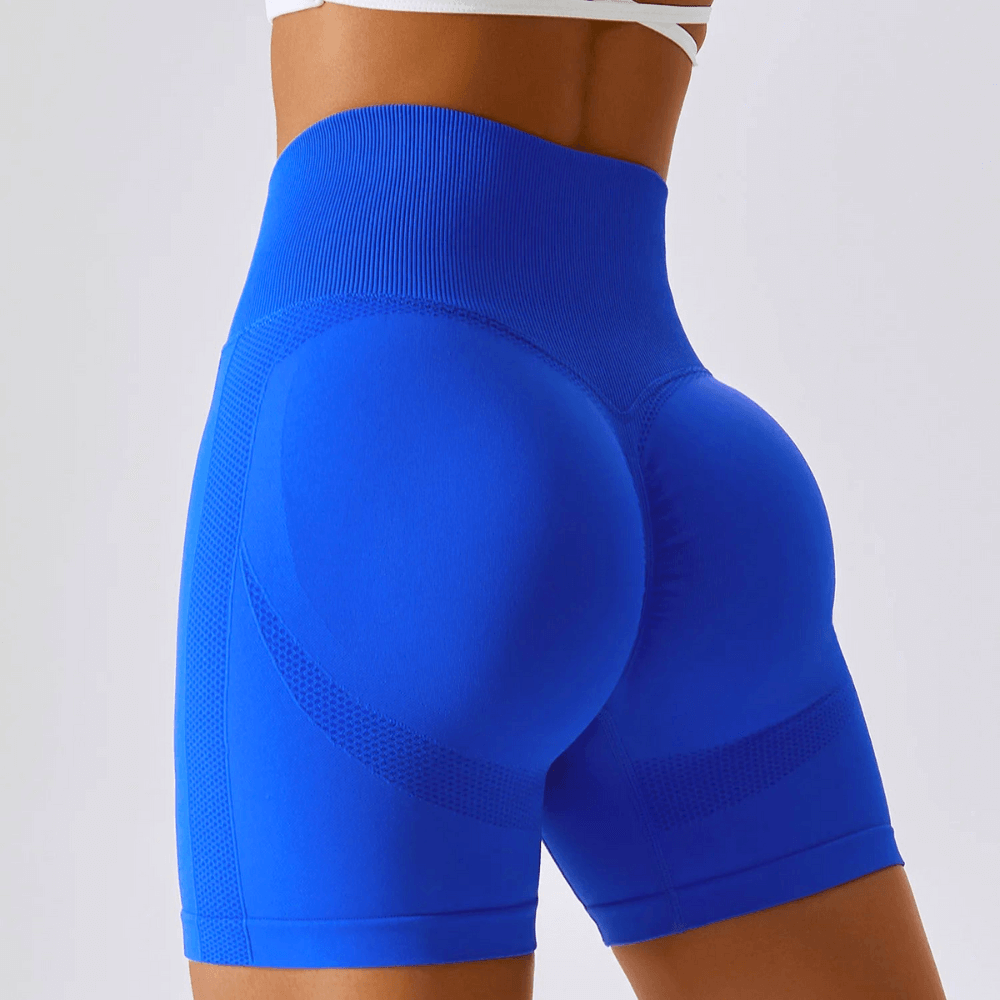 High waisted seamless running shorts in blue, featuring a ribbed waistband and contour knit design for comfort.